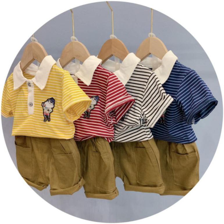 Sét áo cổ bẻ kẻ ngang + quần túi vuông.Bộ quần áo hè cao cấp cho bé