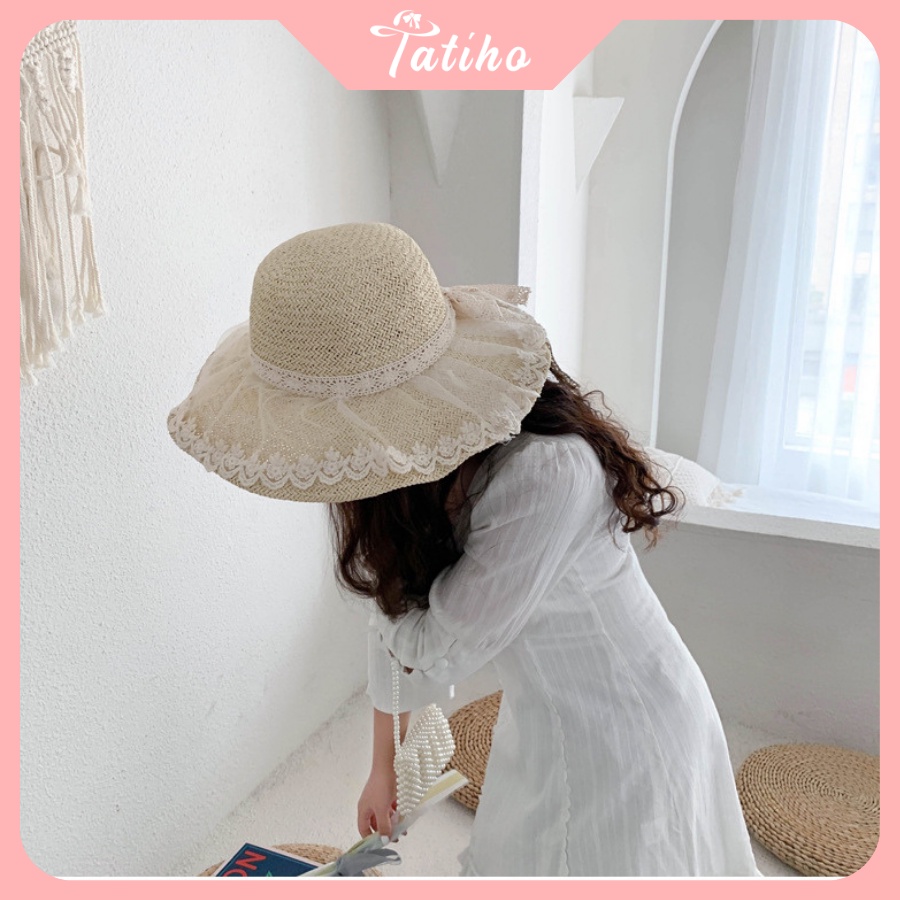 Mũ Cói Unisex Nữ, Nón Cói Vành Rộng Chất Liệu Cao Cấp Họa Tiết Phối Voan Nơ Ren Phong Cách Vintage Đi Biển - Mã NC028