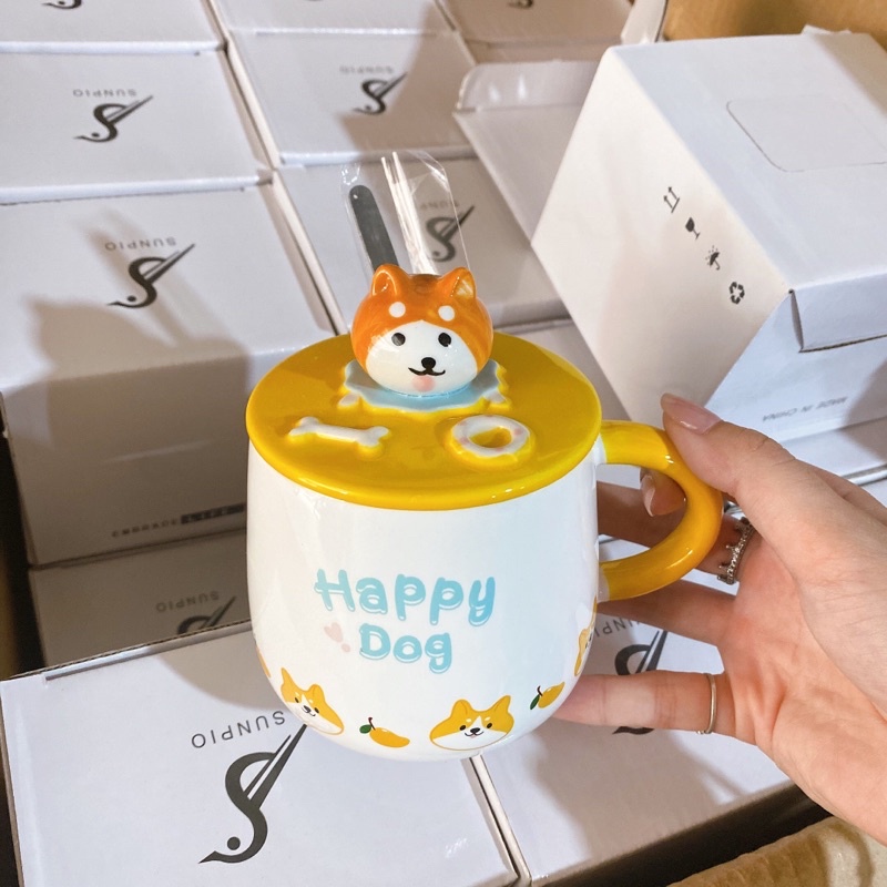 Cốc Uống Nước, 430ml cho bé Có Nắp và Thìa Cốc Sứ Decor Chịu Nhiệt Dễ Thương