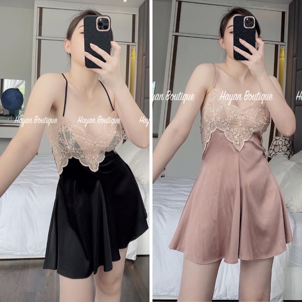 Váy ngủ sexy viền ren hoa nổi gợi cảm, đầm ngủ lụa sexy tôn dáng quyến rũ mặc nhà #HT179