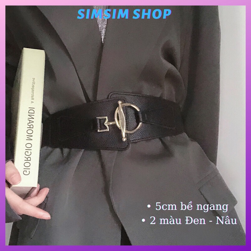 Đai váy bản to 5cm Simsimvintage ĐV020 phối da chun co giãn - Thắt lưng áo vest dạ bản to mặt vàng