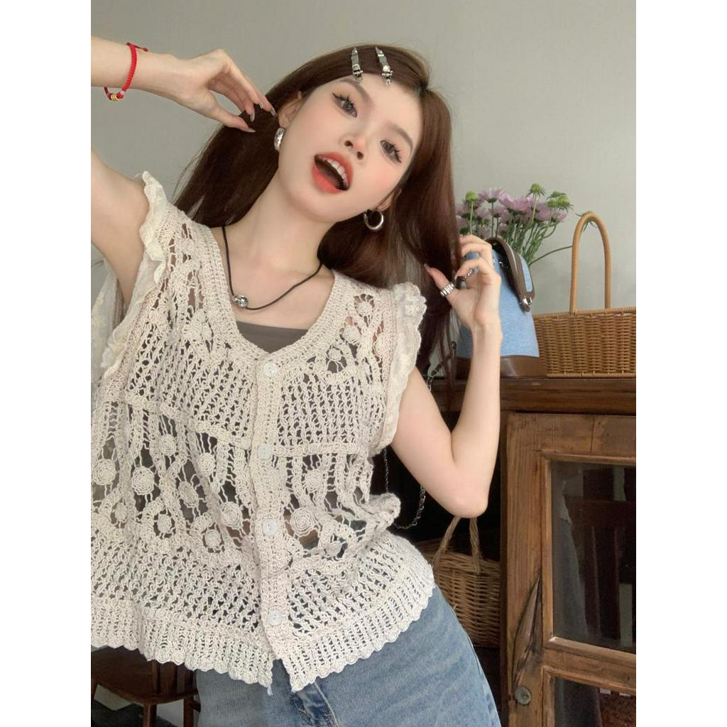 Áo Ống Tay Bay Cổ Chữ V Phối Ren Phong Cách Pháp 64036