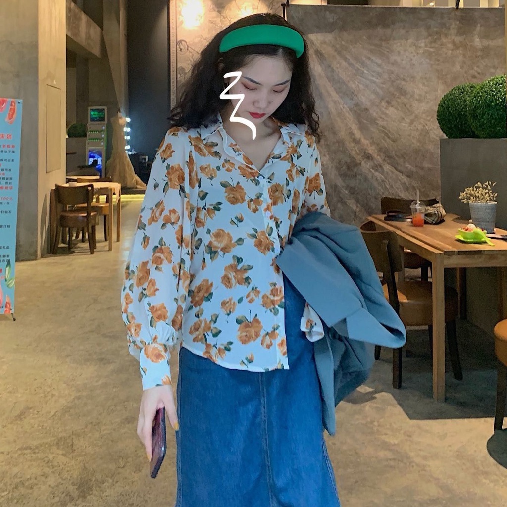 Áo Sơ Mi chiffon Tay Dài Họa Tiết Hoa Hồng Vàng Thời Trang Phong Cách retro Cho Nữ