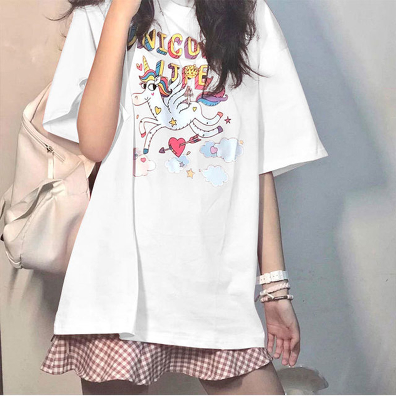 Ins Women's Short-Sleeved T-Shirt Summer Korean Style Trendy Harajuku Bf Student Loose Cartoon Top