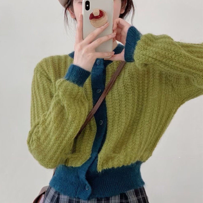 Áo khoác cardigan dệt kim màu sắc tương phản thời trang mùa thu cho nữ chất lượng cao