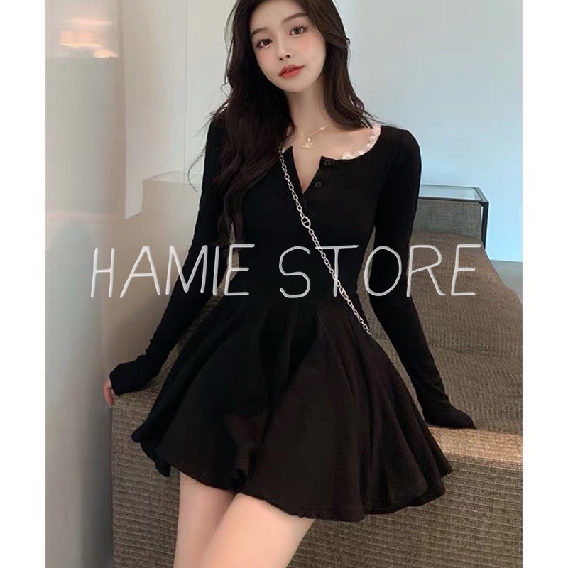 Đầm xòe nữ dài tay dáng ngắn len tăm ôm body cúc ngực NL23, váy đầm thu đông phong cách ulzzang