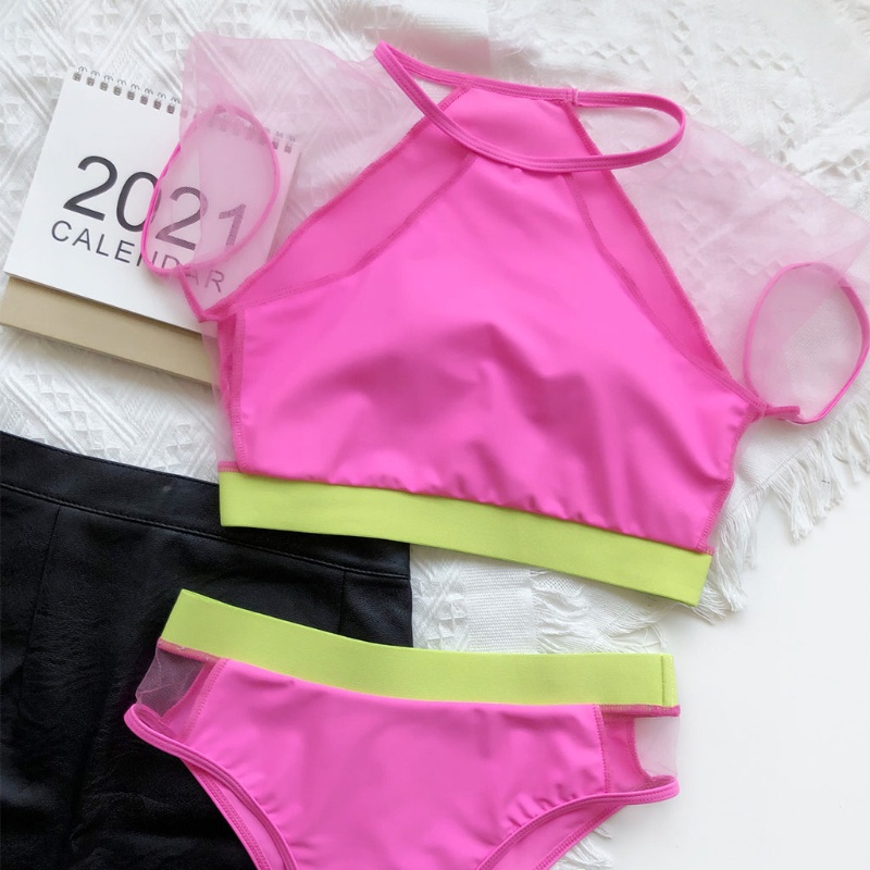 Bộ Đồ Bơi Bikini 2 Mảnh Tay Ngắn Phối Lưới Màu Sắc Tương Phản Quyến Rũ Dành Cho Nữ