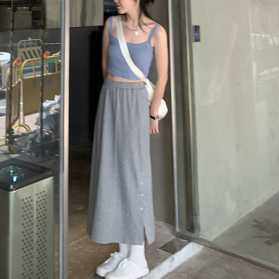 Chân Váy Dài Lưng Cao Màu Xám Thiết Kế Xẻ Tà Thời Trang Cho Nữ