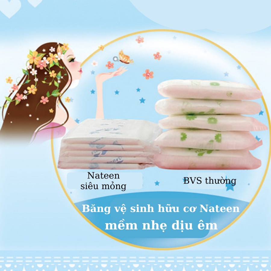 BĂNG VỆ SINH HỮU CƠ NATEEN BỈ gói 10 miếng ban ngày 25cm, ban đêm 29cm