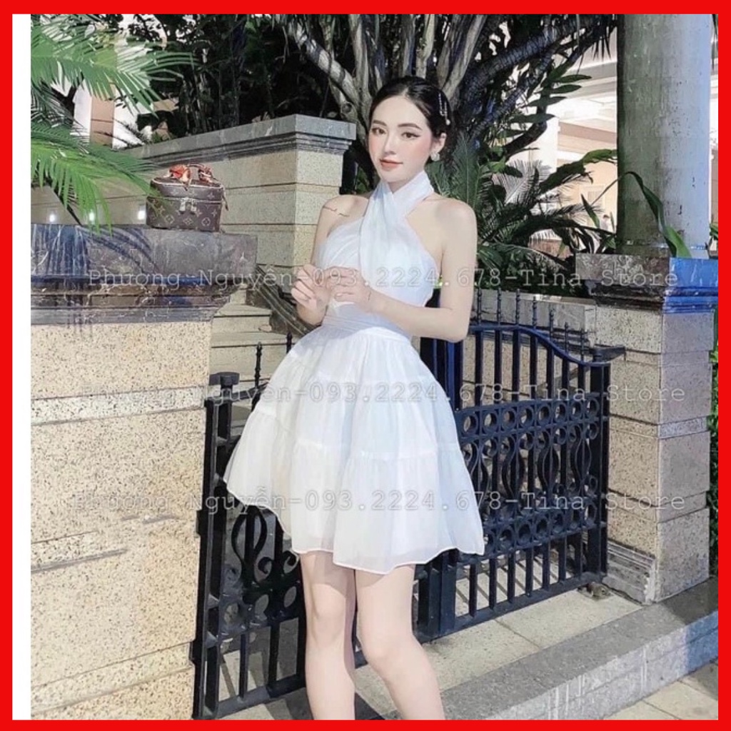 váy tiểu thư dáng xòe hở vai phối cổ chéo siêu tôn dáng