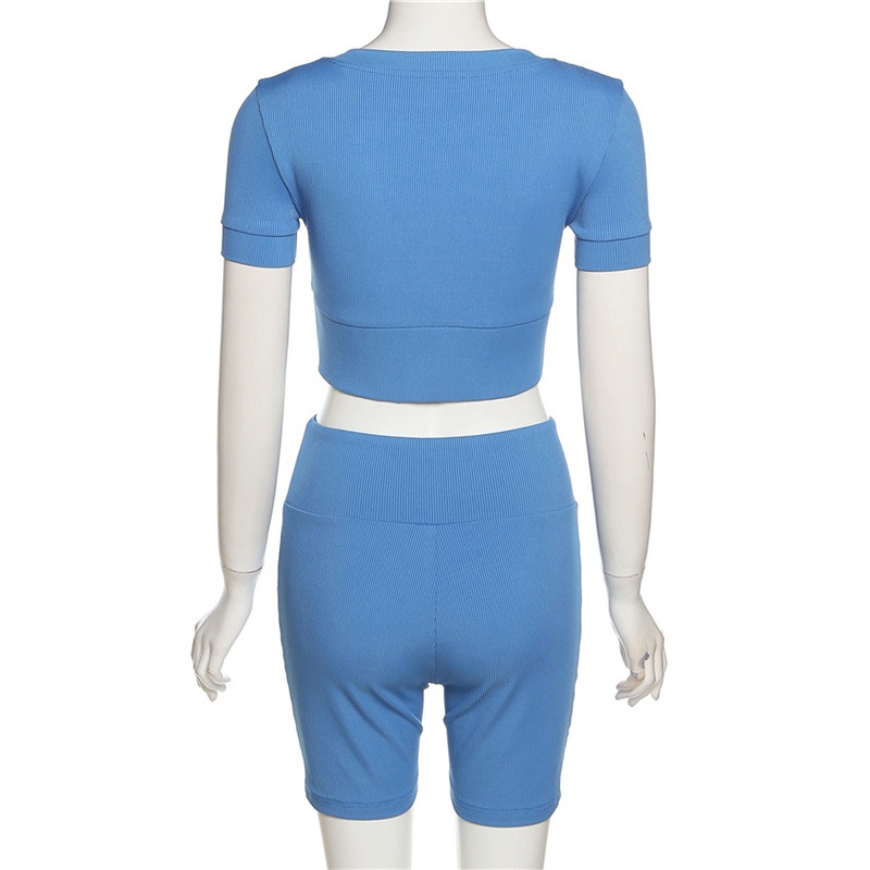 Set Áo Thun Tay Ngắn Cổ Chữ U + Quần Sọt Lưng Cao Màu Trơn Cho Nữ