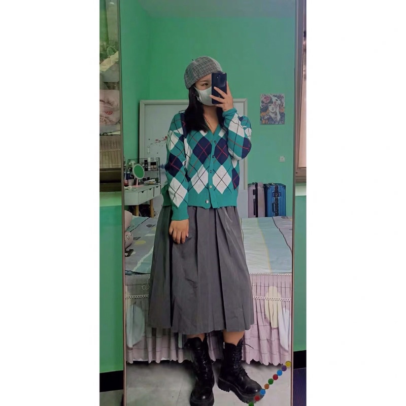 [Sẵn] AL1_Áo cardigan, áo khoác len hoạ tiết kẻ caro ô trám màu xanh lá ulzzang Hàn quốc