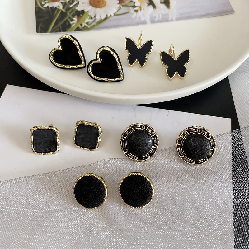bông tai Round Black Earrings Side Silver Needle Female Temperament Simple Ears