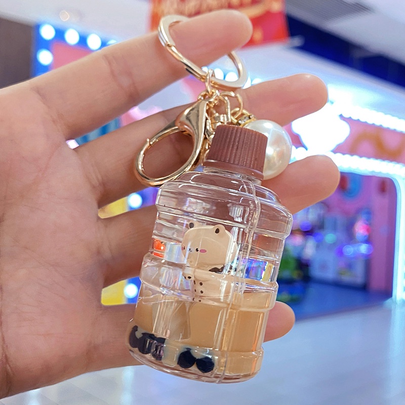 Móc Khóa Hình Ly Trà Sữa Đính Hạt Ngọc Trai Nổi