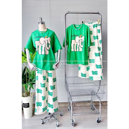 Set áo cotton xanh voi con quần suông gân R9