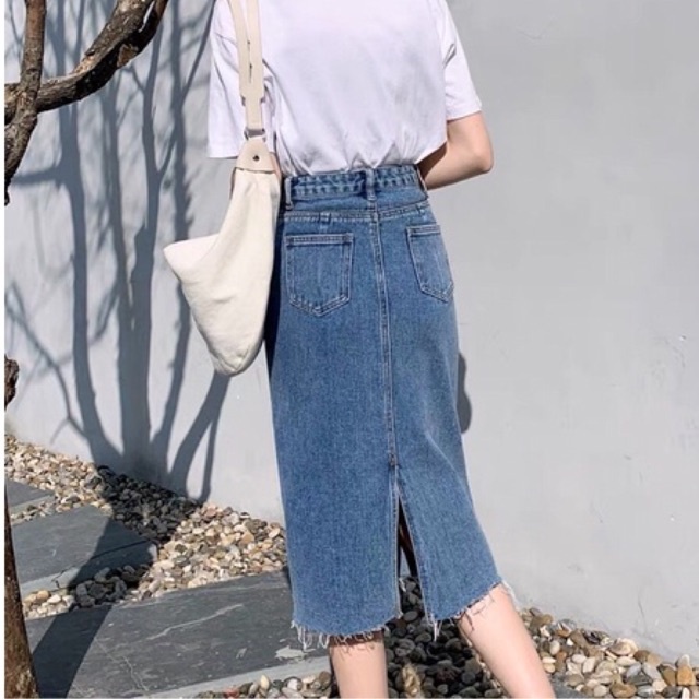 Chân váy cạp cao dài qua gối tua gấu xẻ sau phong cách_A10