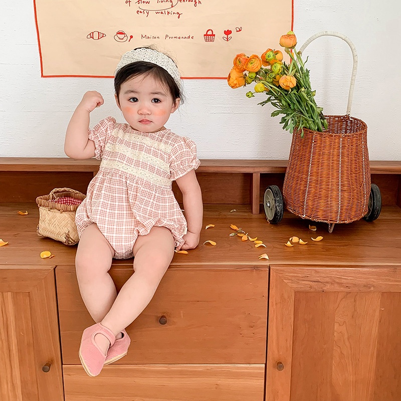 Bộ Áo Liền Quần Tay Phồng Họa Tiết Sọc Caro Thời Trang Mùa Hè Xinh Xắn Cho Bé Gái 0-2 Tuổi