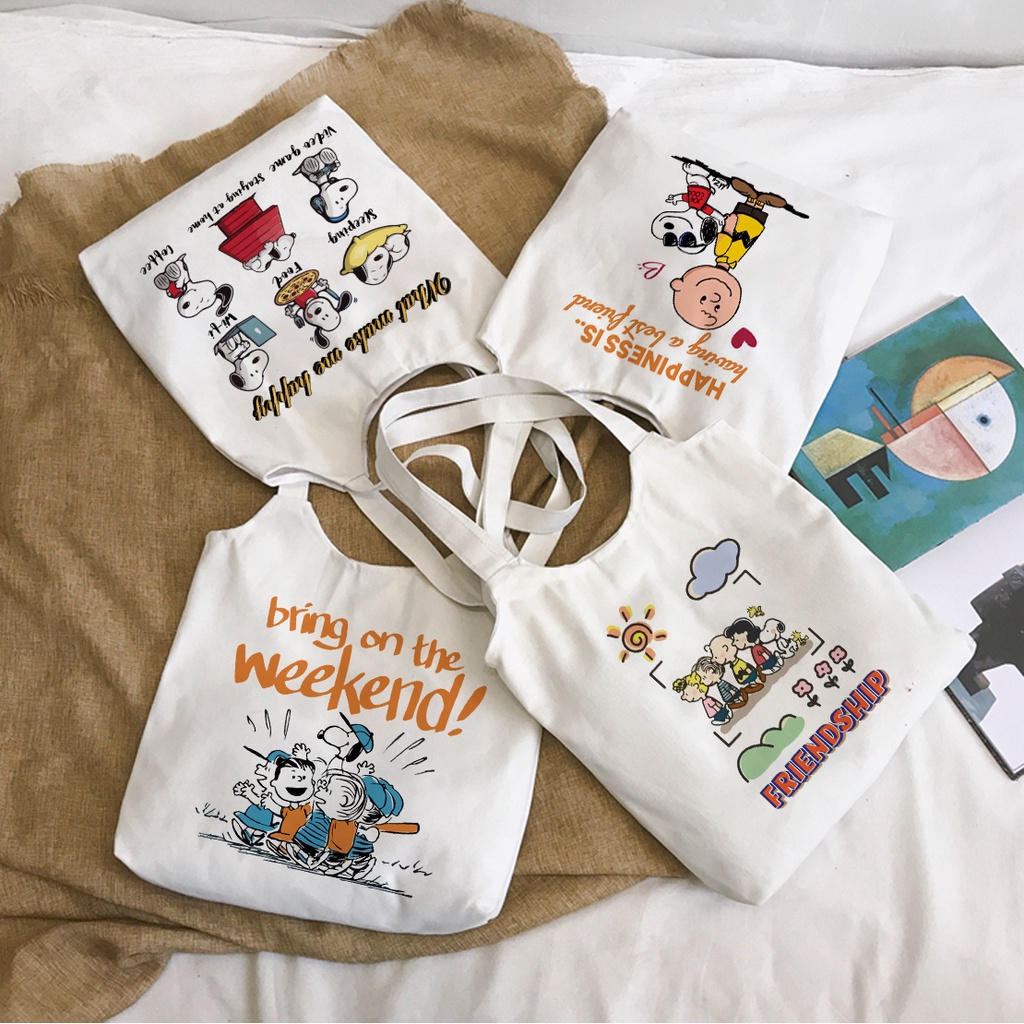 Túi vải Snoopy đẹp để vừa A4 tote canvas quai tròn có khóa miệng túi
