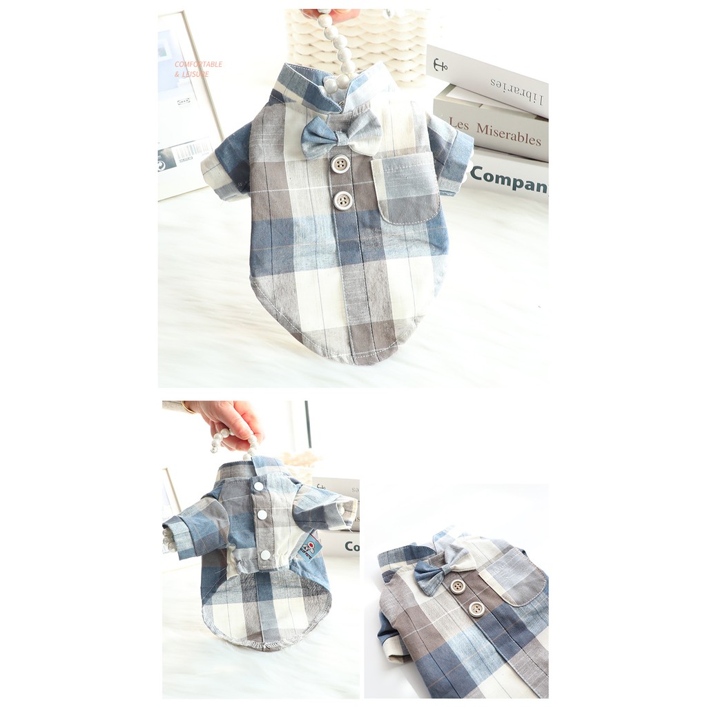 Aó sơ mi caro CAMQUYTSTORE  gắn nơ cho thú cưng