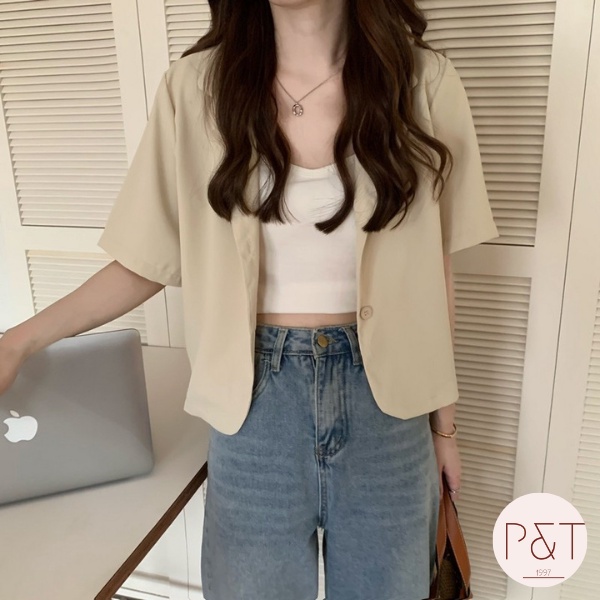 Áo khoác blazer dạng rộng, áo vest cộc tay sơ mi màu trơn phong cách Hàn Quốc dành cho nữ
