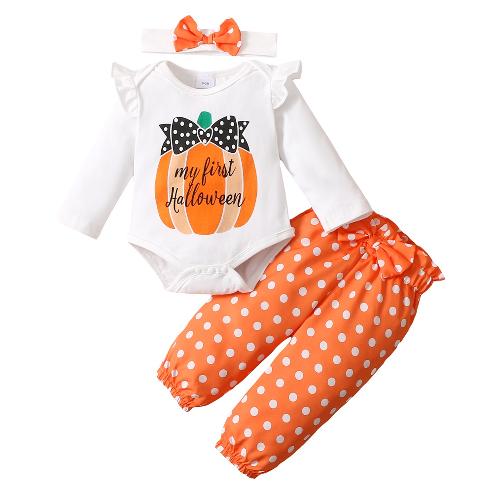 Set đồ 3 món MIKRDOO gồm áo liền quần tay dài in hình bí ngô halloween + quần chấm bi + băng đô cho bé gái 1 tuổi
