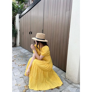 Váy maxi dáng dài tay bồng dúm eo