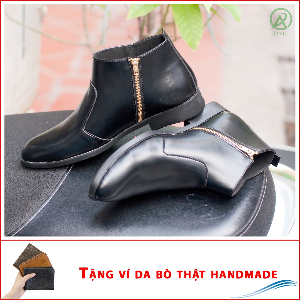 [Video- Ảnh Thật] Giày Chelsea Boot Nam Cổ Khóa Da Nhám Màu Đen Cực Chất - CB521-nhamkhoa(V)-Kèm Ví Da Bò Thật Handmade