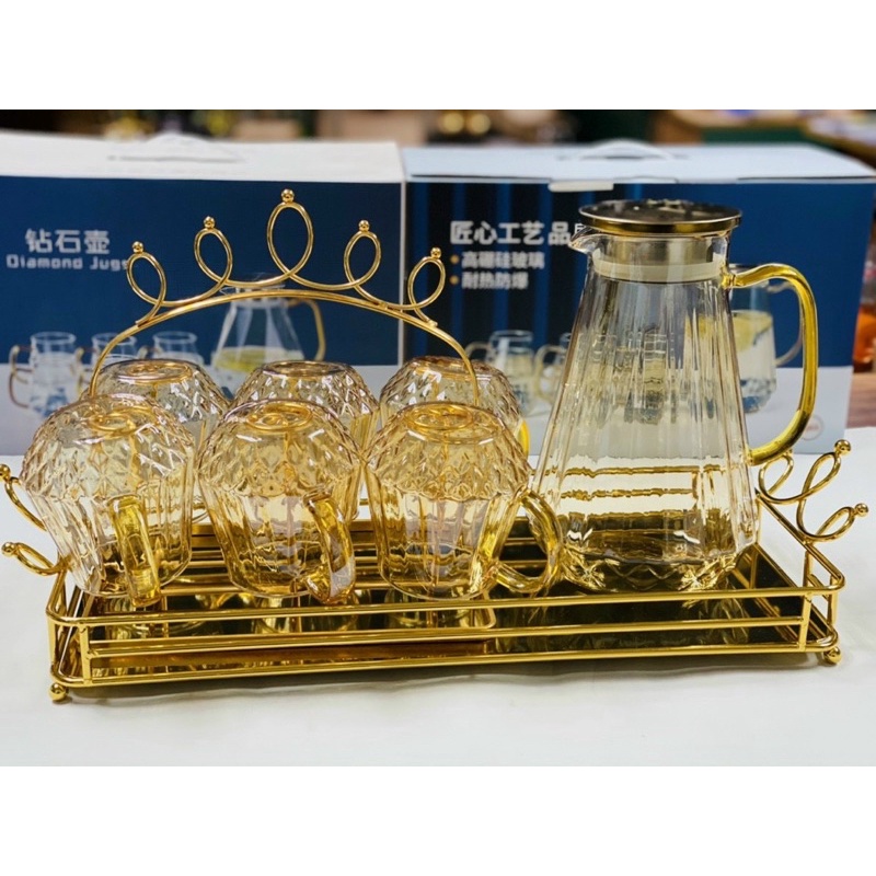 Bộ 6 Cốc kèm Bình thuỷ tinh, Bộ Bình Thuỷ tinh chịu nhiệt cao cấp