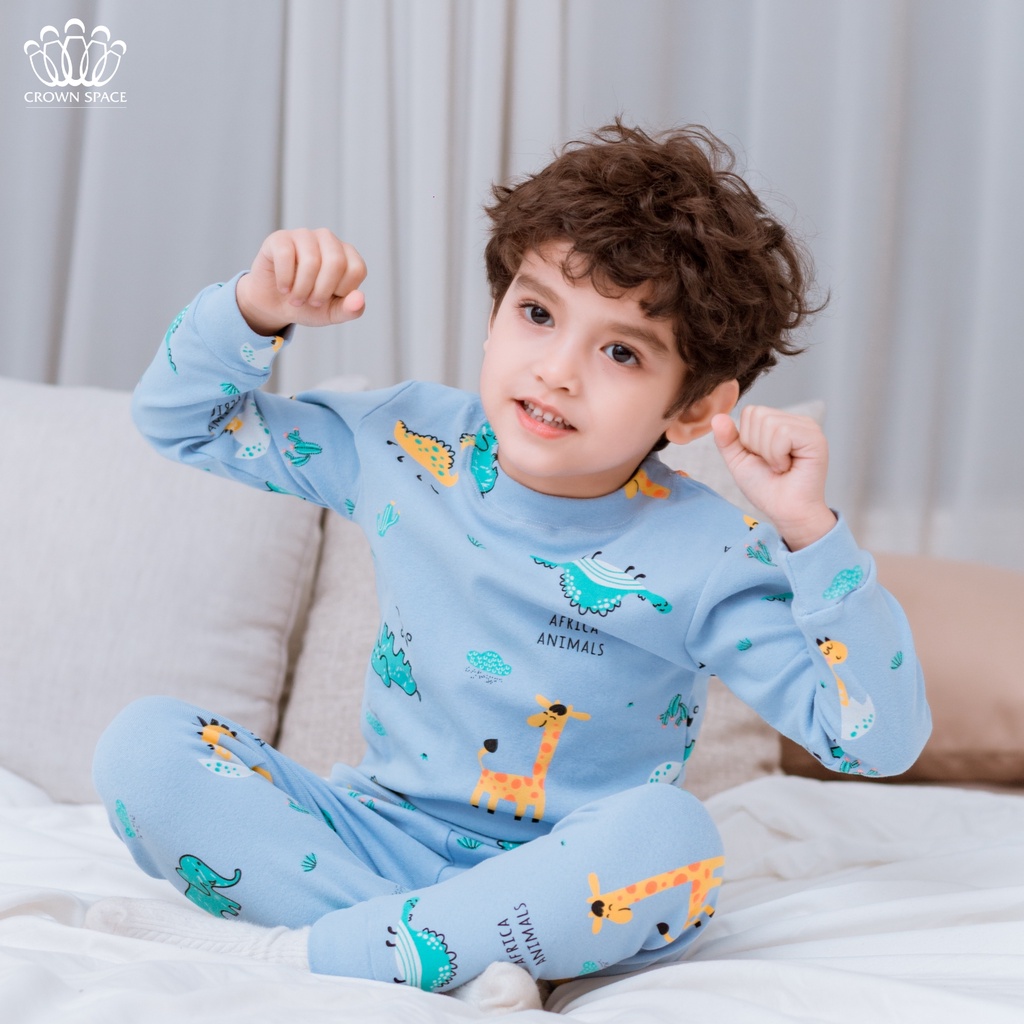 Bộ Mặc Nhà Dài Tay Bé Trai Crown Space Cao Cấp Xanh Pastel - Cotton Thoáng Mát Hình Khủng Long CKBL5911709 Size 19-27Kg