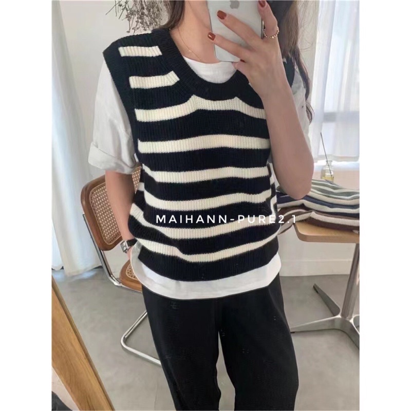 Áo gile kẻ sọc to 4 màu siêu hàn quốc