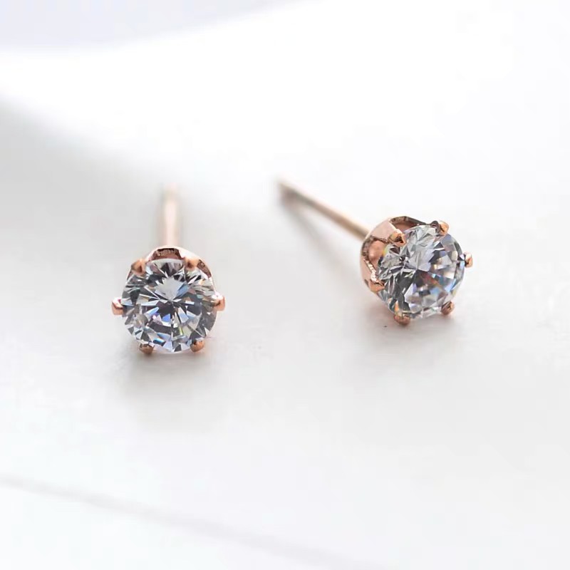 Bông tai bằng thép titan mạ vàng hồng 18k đính kim cương giả mini 6 chấu không gây dị ứng thiết kế đơn giản