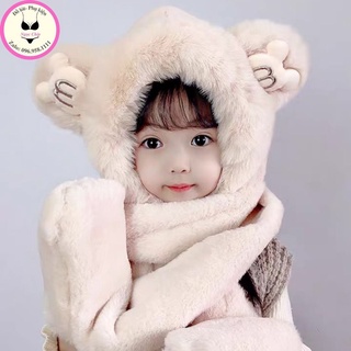 Mũ trùm đầu, mũ lông thỏ kèm khăn choàng cổ và găng tay cho bé