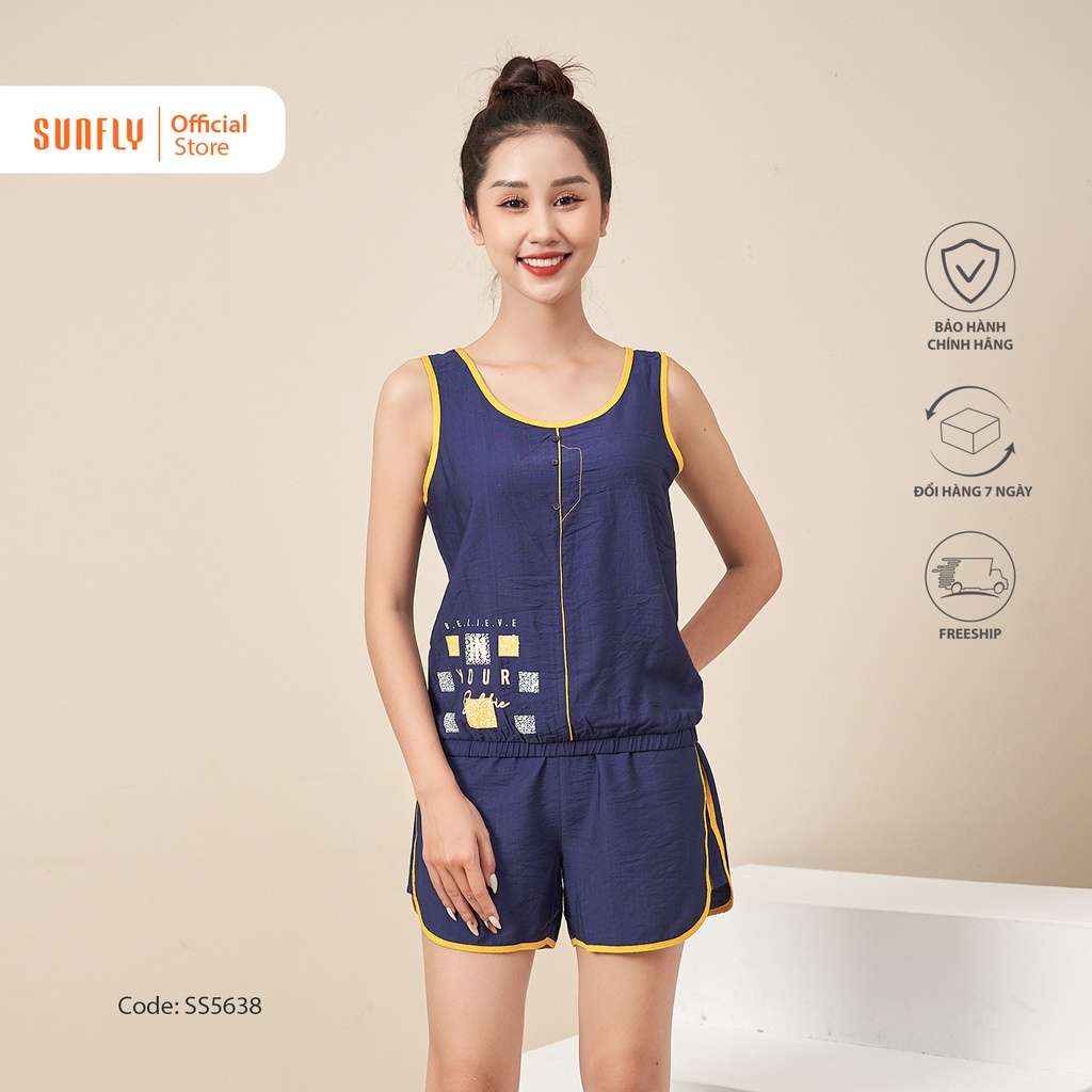 Bộ đồ mặc nhà nữ thể thao linen SUNFLY áo ba lỗ, quần sooc SS5638