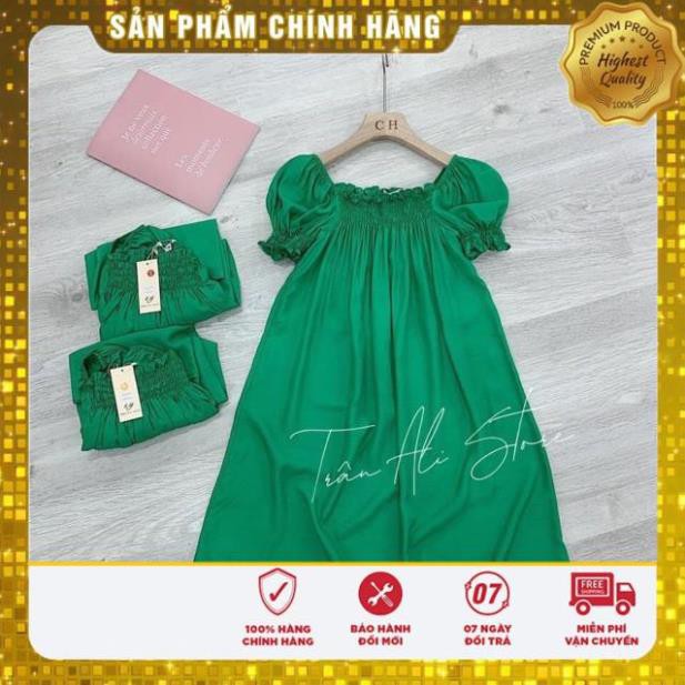 FEESHIP Váy đi biển tay bo viền màu xanh lá chất lụa xinh xắn hót hít