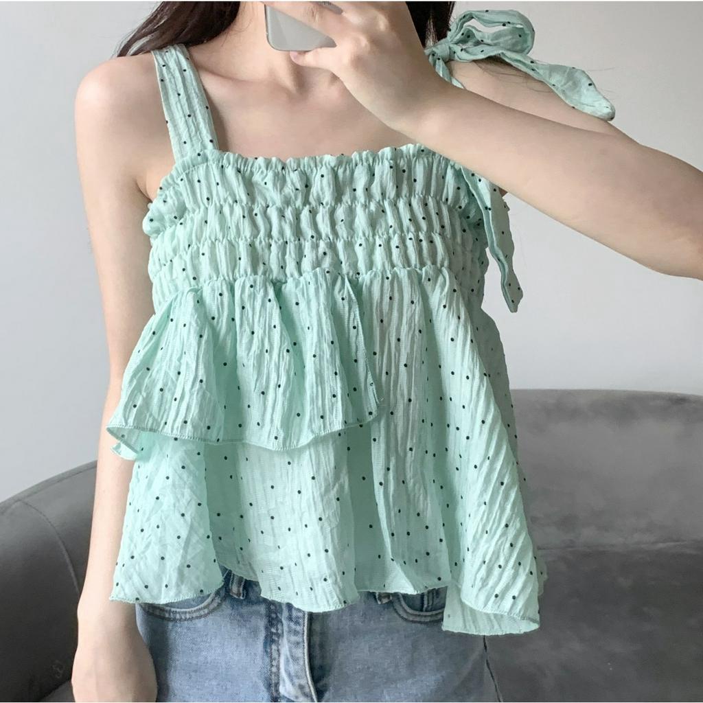 Lalisas Xiaozhainv Áo Hai Dây Dáng Ngắn Họa Tiết Chấm Bi Ngọt Ngào Cho Nữ