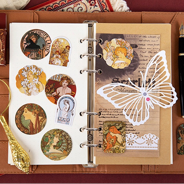 Bộ 46 Thẻ Dán Hình Nhân Vật Maria Mucha Phong Cách Retro