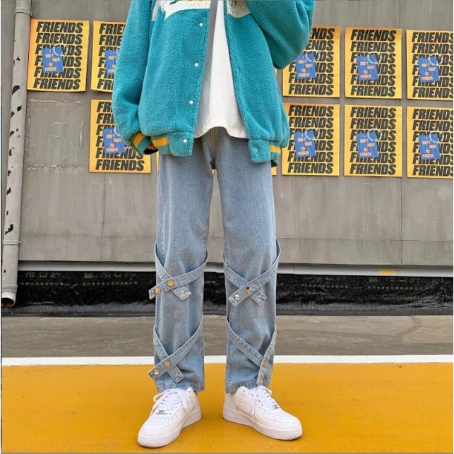 Quần jean ống rộng nam nữ unisex màu xanh nhạt và đen trang trí dây đẹp mới hà nội hcm Pon.mens