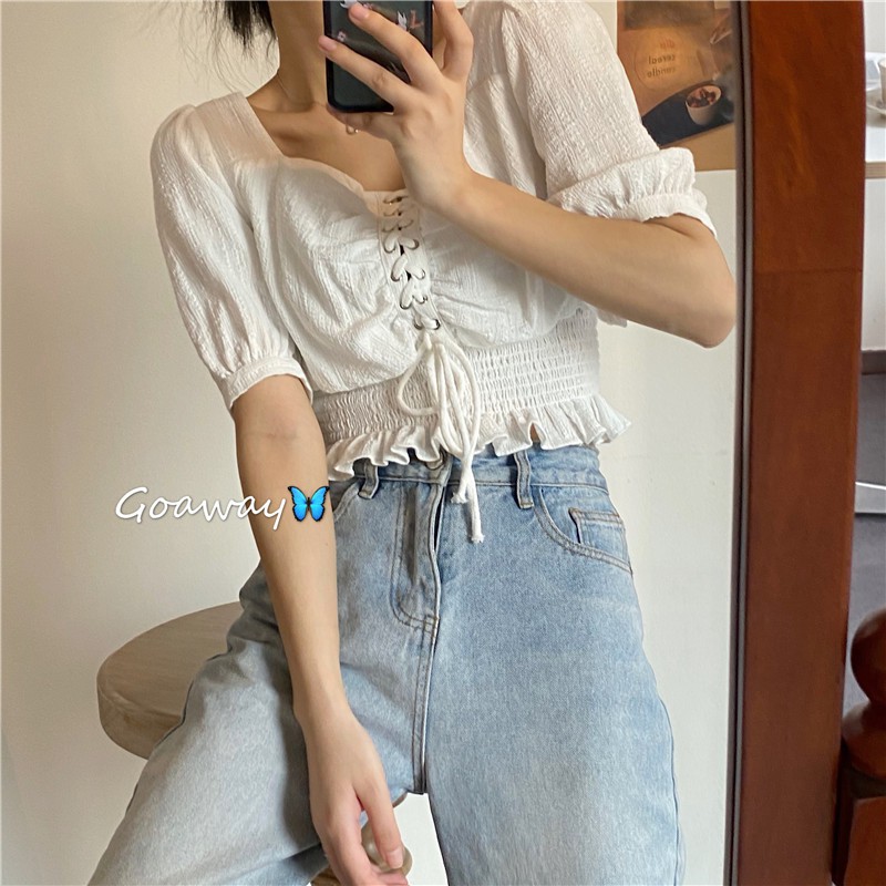 Áo trắng dây rút retro DA238