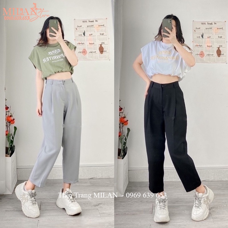 ✔Quần tây ống rộng lưng cao nữ đi học công sở màu Đen Ghi dáng vải sinh suông dài dày phối áo sơ mi đẹp