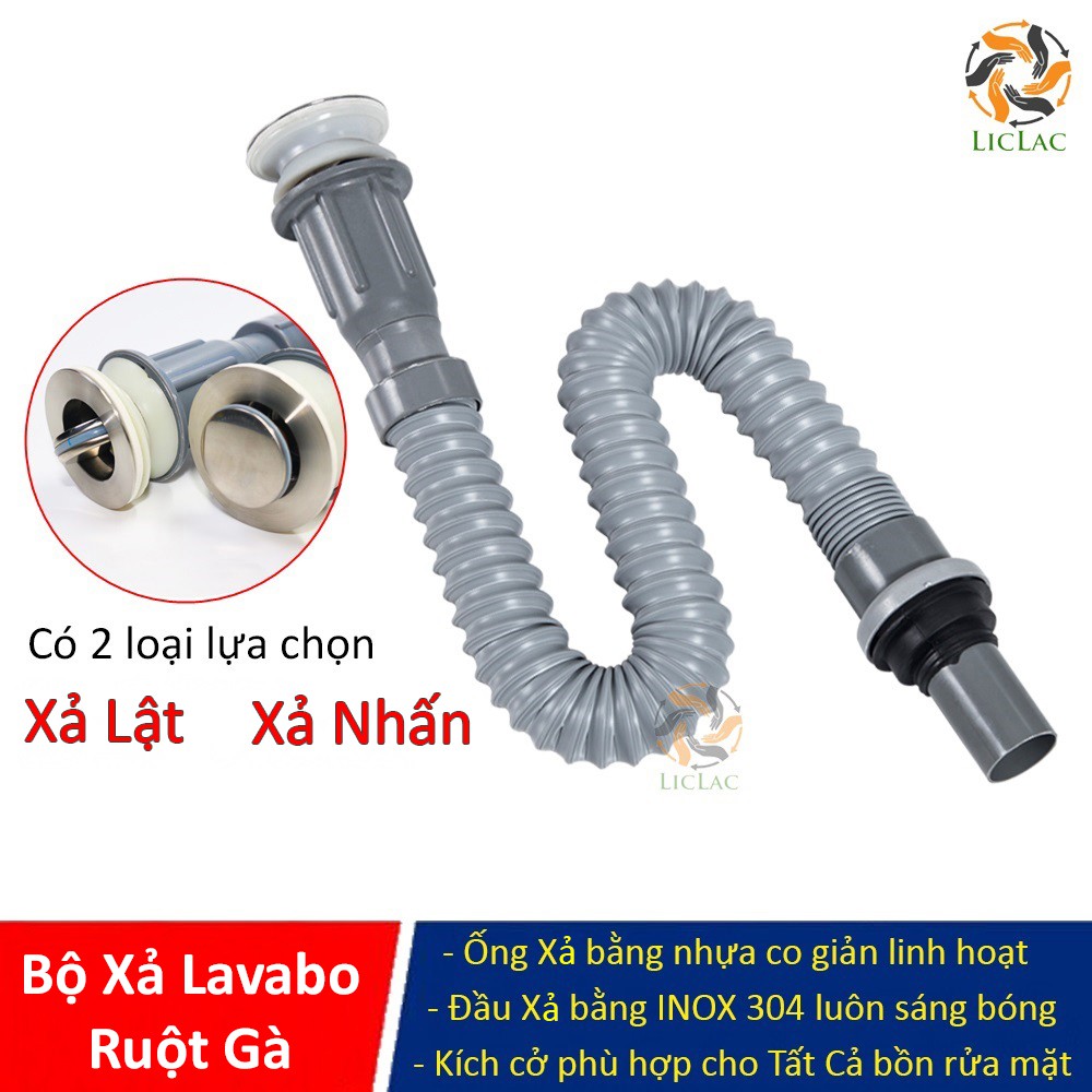 Bộ xả Lavabo ruột gà co giản Loại CAO CẤP, Xi Phông thoát nước Xả Lật, Xả Nhấn - LICLAC