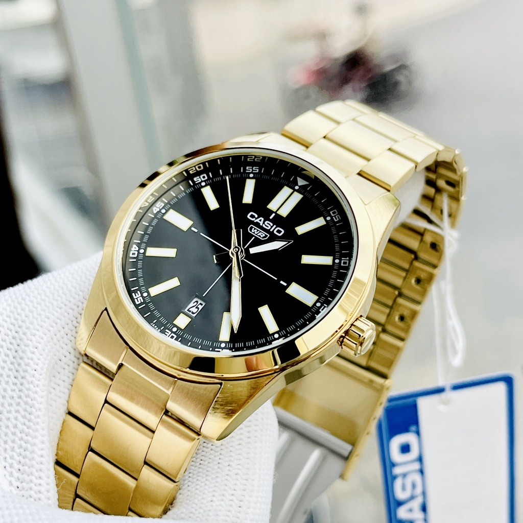 Đồng hồ nam mạ vàng Casio MTP VD02G -1E Dây thép không gỉ mặt đen kim dạ quang Size 41mm Bảo hành 1 năm Hyma watch