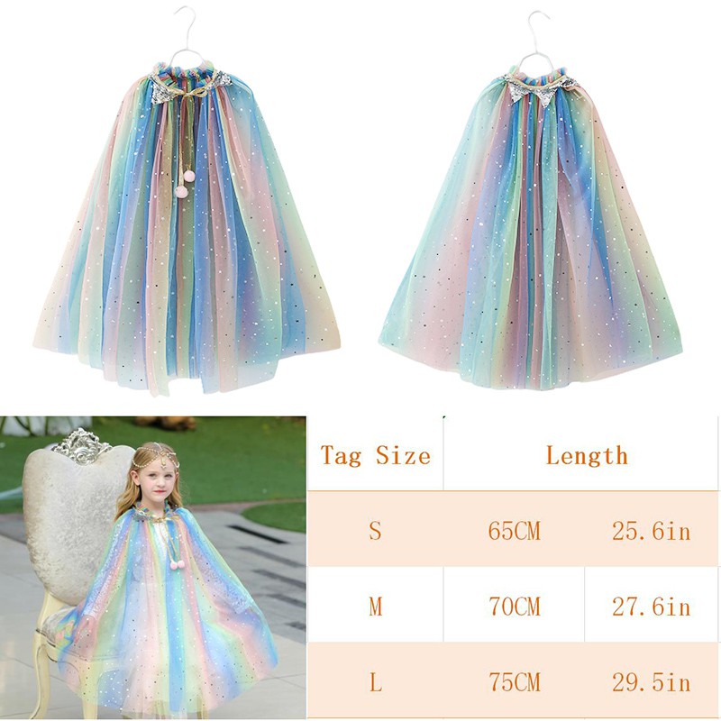 Girls Rainbow Sequins Cape Cloak Costume Drawstring Tulle  Sleeping Beauty Halloween Fancy Dress Up Mantle/Set Đồ Hóa Trang Phù Thủy Halloween Cho Bé Gái