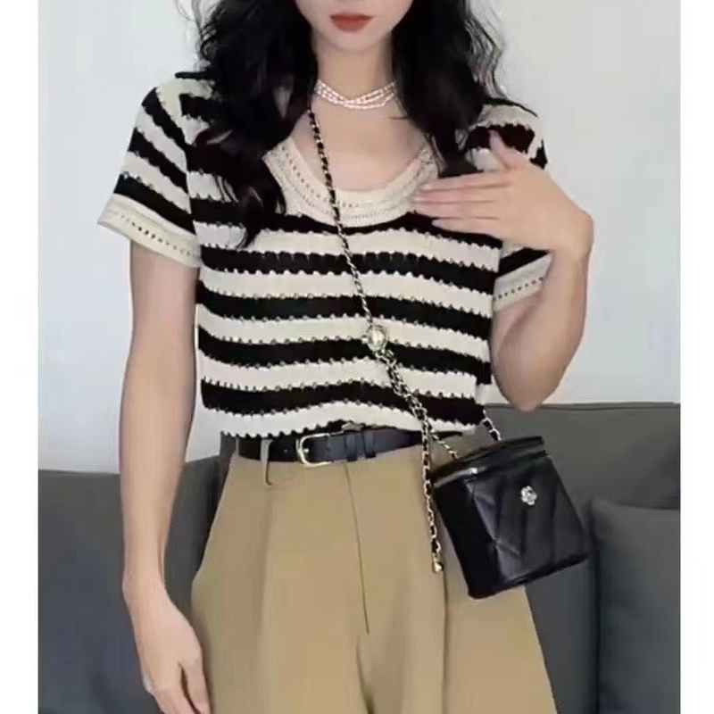 Áo Len Ngắn Tay Họa Tiết Kẻ Sọc Thời Trang Mùa Hè Cho Nữ