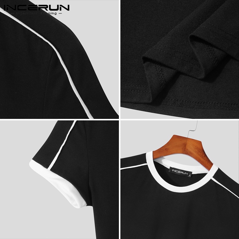 Áo thun INCERUN tay ngắn dáng ôm màu sắc tương phản thời trang dành cho nam