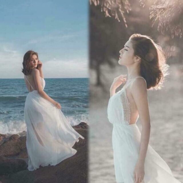Váy maxi trắng ren ngực đan dây lưng hở lưng siêu xinh