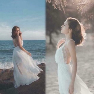 [Ảnh thật ❤] Váy maxi trắng ren ngực đan dây lưng hở lưng siêu xinh