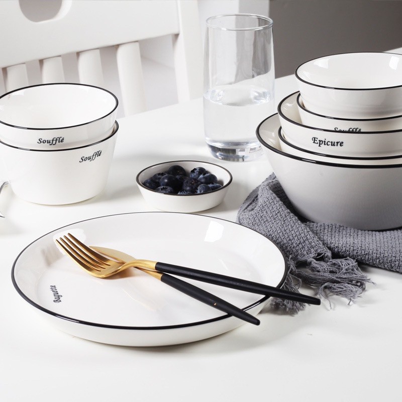 Bộ bát đĩa sứ trắng cao cấp 21 món phong cách Bắc Âu, Bộ bát đĩa sứ trắng viền đen cao cấp, đồ dùng bàn ăn
