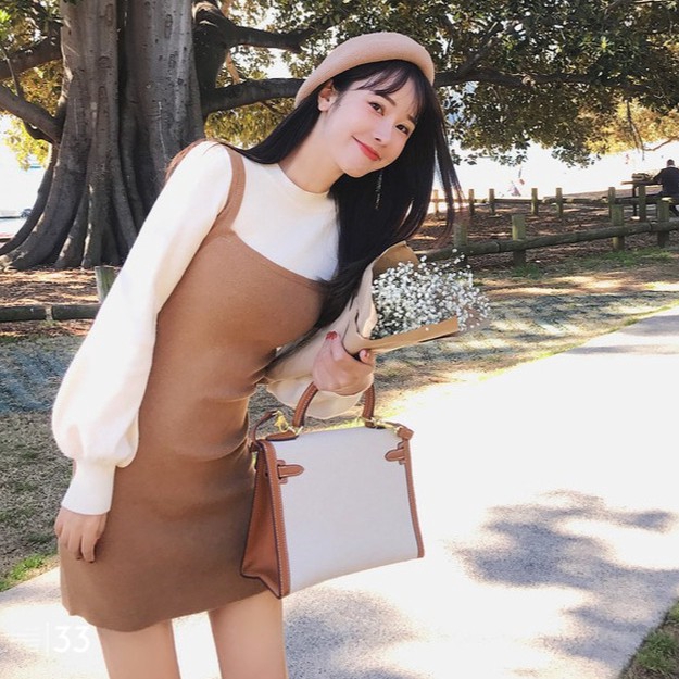 DUNEA Women's New Color Matching Lantern Sleeve Knitted Dress