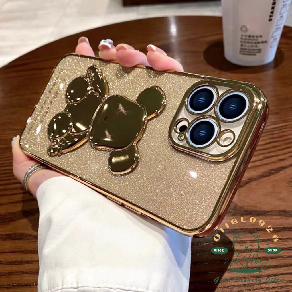 New purple electroplating violence bear Case Iphone 14 / 13 / 12 11 Proamx TPU Full soft shell with glitter card