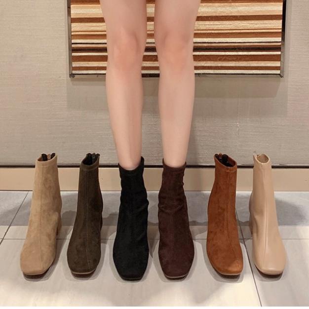 Boots nữ cổ ngắn da lộn ulzzang gót vuông cao 6cm